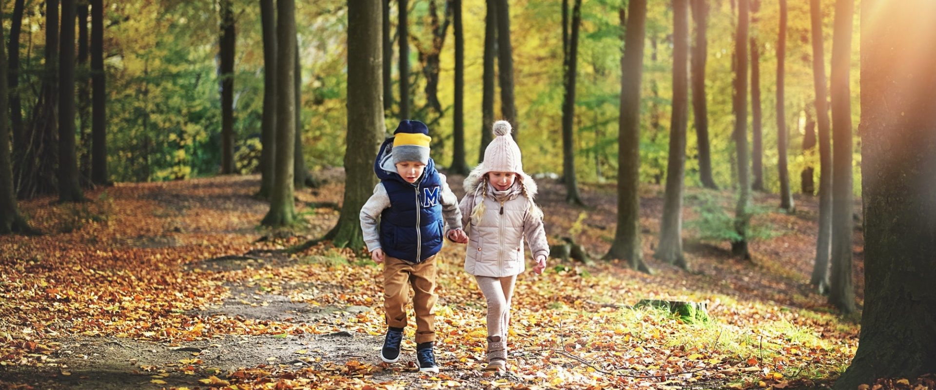 Two kids wandering in the autumn forest